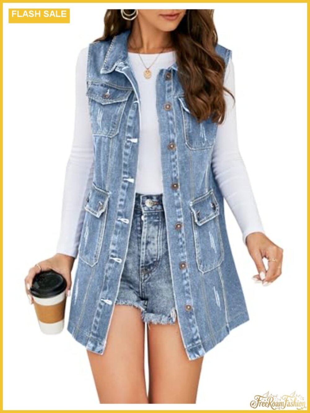 Flygo Women's Casual Button Up Sleeveless Cotton Denim Mid Long Vest Gilet